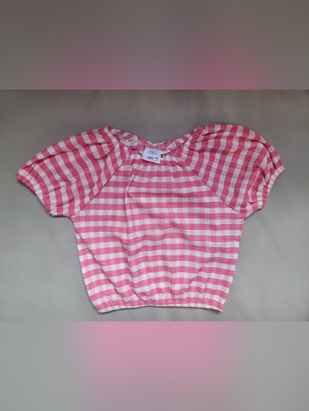 Zara Baby Pink & White Gingham Puff-Sleeve Top